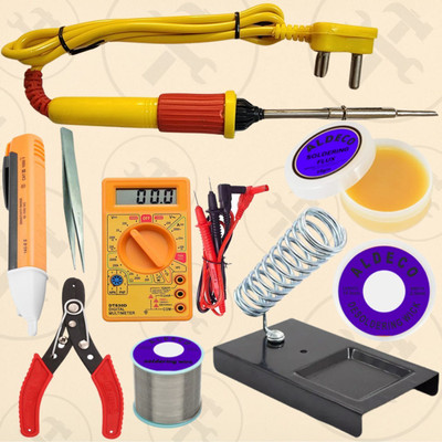 Aldeco 9 Tools Soldering Iron Kit with Digital Multimeter and Assorted Tools for Repair 25 W Simple(Flat Tip)