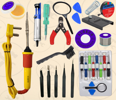 Aldeco Essential 29 Tool Soldering Iron Kit with Desoldering Pump and Helping Items 25 W Simple(Flat Tip)