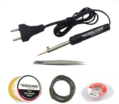 TECHDELIVERS Soldering Iron Kit Set | Soldering Wire | Solder Paste | Desolder Wick | Tweezer 8 W Simple(Pointed Tip)