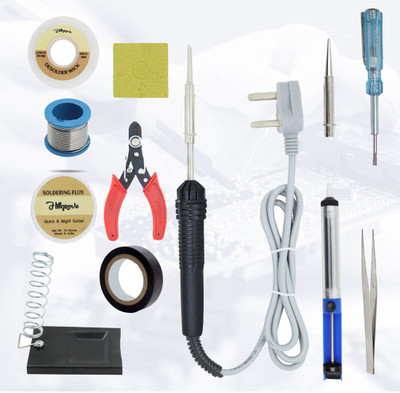 Hillgrove 12in1 Beginners Complete 30W Soldering Iron Kit with 5 Meter Solder Wire, Cutter, Stand, Flux, Bit, Tape, Tester, Tweezer, Wick::Pump::Scrub 30 W Simple(Flat, Pointed Tip)