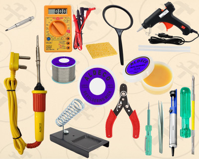 Aldeco Bundle of 17 Soldering Iron Kit with Digital Multimeter and Other Helping Items 25 W Simple(Flat Tip)