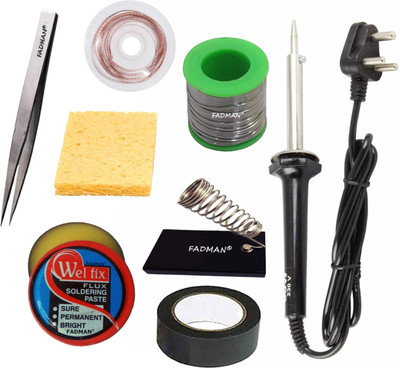 FADMAN SOLDERING IRON 60W (BLACK) | SOLDERING PASTE FLUX | SOLDER WIRE | SOLDERING IRON STAND | SPONGE | HARDWARE TAPE | DESOLDERING WICK | TWEEZER | 60 W Simple(Flat Tip)
