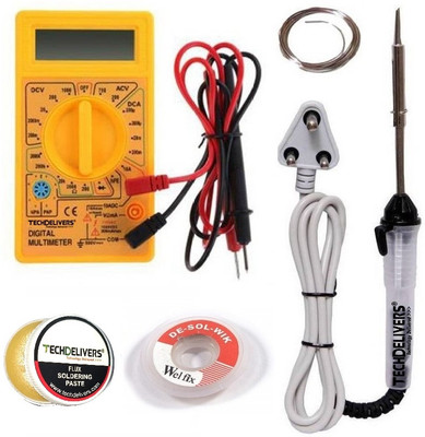 TECHDELIVERS 25Watt Soldering Iron Kit set with Multimeter | Solder Wire | Paste | Wick 25 W Simple(Round Tip)