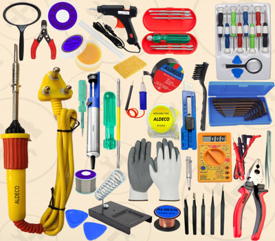 Aldeco 58 Items Compact Soldering Iron Kit with 5in1 Screw Driver & More Utility Tools 25 W Simple(Flat Tip)