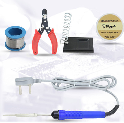 Hillgrove 5in1 Basic 25W Soldering Iron Kit with 5 Meter Soldering Wire, Soldering Flux, Stand, Wire Cutter 25 W Simple(Flat Tip)