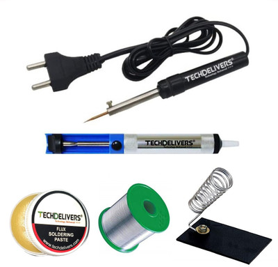 TECHDELIVERS Solder Iron 8w Kit| Desoldering Pump| Soldering Wire Reel| Solder Paste| Stand 8 W Simple(Pointed Tip)