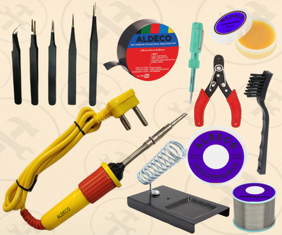 Aldeco 14in1 Soldering Iron Set with 5 Pcs Tweezer Set and Assorted Tools for Repairs 25 W Simple(Flat Tip)