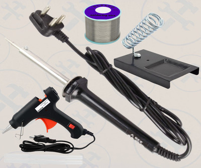 Aldeco Heavy Duty 6in1 Soldering Iron Kit with Wire, Stand & Glue Gun with 2 Sticks 60 W Simple(Flat Tip)