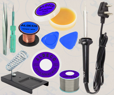 Aldeco Set of 10 Soldering Iron Kit with Stand, Tweezer, Jumper Wire & More Tools 60 W Simple(Flat Tip)