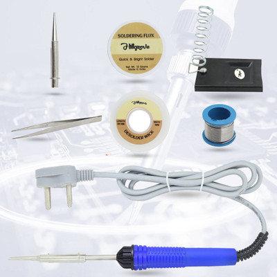 Hillgrove 7in1 Basic 25W Soldering Iron Kit with 5 Meter Soldering Wire, Pointed Bit, Soldering Flux, Stand , Wick, Tweezer 25 W Simple(Flat, Pointed Tip)