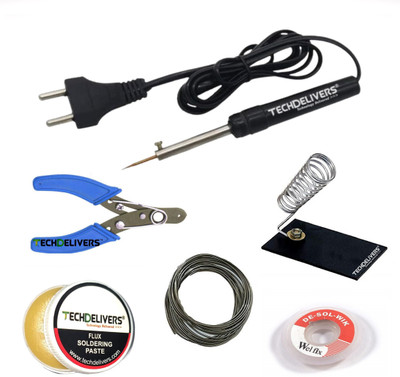 TECHDELIVERS 8Watt Electric Soldering Iron Kit Set with Desolder WICK|Stand|Flux|Cutter|Wire 8 W Simple(Pointed Tip)