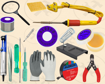 Aldeco 16 Items Compact Soldering Iron Kit with Desoldering Pump & More Utility Tools 25 W Simple(Flat Tip)