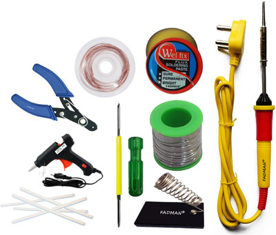 FADMAN Soldering Iron Kit - Set of 9 Bundle Pack 9 Electric 25W | Soldering Iron Stand | Solder Wire | Wire Cutter | Soldering Paste Flux | Desoldering Wick | 2IN1 Screw Driver | 20W Glue Gun & 7mm Glue Sticks | (Yellow+F+Red) Soldering Iron 25 W Simple(Flat Tip) FADMAN Soldering Iron Kit - Set of 9 Bundle Pack 9 Electric 25W | Soldering Iron Stand | Solder Wire | Wire Cutter | Soldering Paste Flux | Desoldering Wick | 2IN1 Screw Driver | 20W Glue Gun & 7mm Glue Sticks | (Yellow+F+Red) Soldering Iron 25 W Simple(Flat Tip)