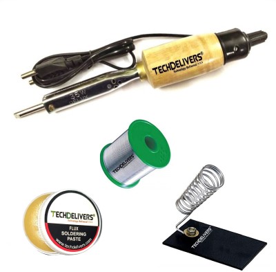 TECHDELIVERS 35 Watt Soldering Iron Kit, Soldering Wire Reel, Flux Paste, Stand Wooden Handle 35 W Simple(Flat Tip)