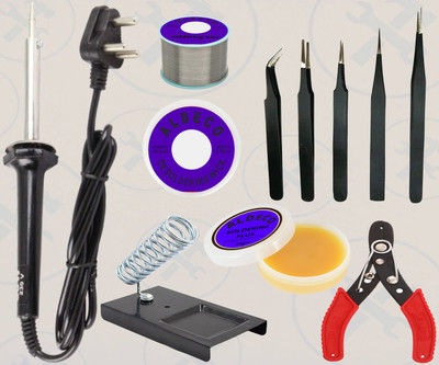 Aldeco Set of 10 Soldering Iron Kit with 5 Pc Tweezer Set and Other Helping Items 60 W Simple(Flat Tip)