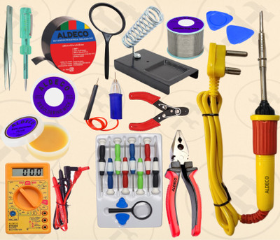 Aldeco Essential 26 Tool Soldering Iron Kit with Digital Multimeter and Helping Items 25 W Simple(Flat Tip)