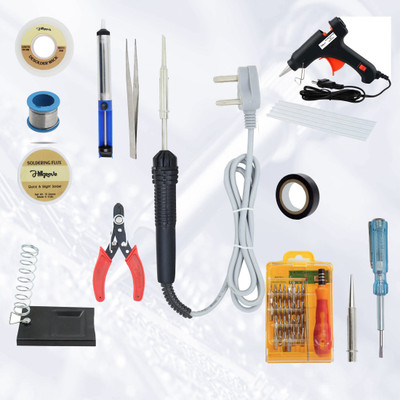 Hillgrove 14In1 Beginners Complete 30W Soldering Iron Kit Glue Gun Combo With Mobile Phone Repair Kit 30W 30 W Simple(Flat, Pointed Tip)