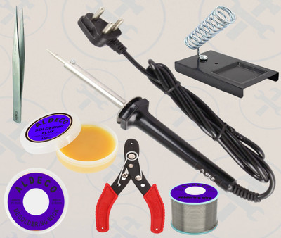 Aldeco Heavy Duty 7in1 Soldering Iron Kit with Stand, Cutter & Other Essential Tools 60 W Simple(Flat Tip)
