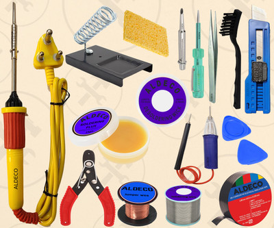 Aldeco 17 Items Compact Soldering Iron Kit with Continuity Tester & More Utility Tools 25 W Simple(Flat Tip)