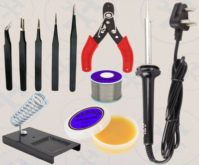 Aldeco 10in1 Sturdy Soldering Iron Kit with 5 Pc Tweezer Set & Other Helping Tools 60 W Simple(Flat Tip)