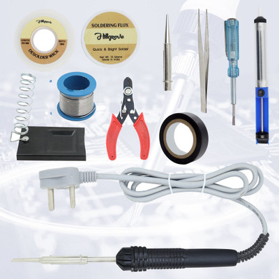 Hillgrove 11In1 Basic Complete 30W Soldering Iron Kit with 5 Meter Solder Wire, Cutter, Stand, Flux, Bit, Tape, Tester, Tweezer, Wick::Pump 30 W Simple(Pointed Tip)