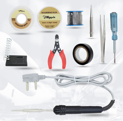 Hillgrove 10In1 Basic Complete 30W Soldering Iron Kit with 5 Meter Solder Wire, Cutter, Stand, Flux, Bit, Tape, Tester, Tweezer, Wick 30 W Simple(Flat Tip)