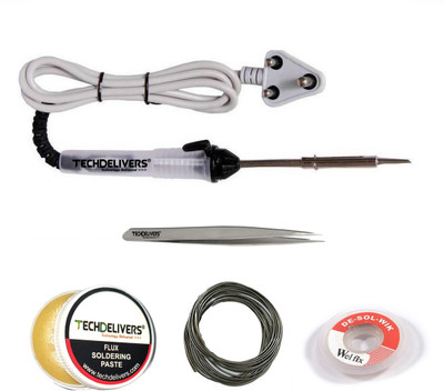 TECHDELIVERS 5in1 25W Soldering Iron Kit | Soldering Wire | Paste | Desolder Wick | Tweezer 25 W Simple(Round Tip)