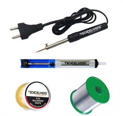 TECHDELIVERS 8w Soldering Iron Kit | Desoldering Pump | Soldering Wire Reel | Soldering Paste 8 W Simple(Pointed Tip)