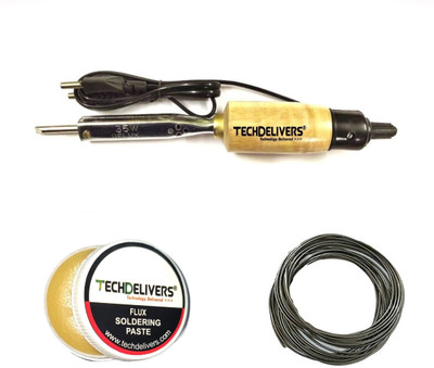 TECHDELIVERS 35Watt Wooden Handle Soldering Iron Kit 3 in one with Solder Wire and Paste 35 W Simple(Flat Tip)