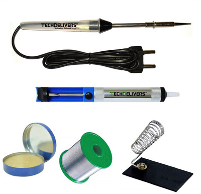 TECHDELIVERS Solder Iron 15w Kit| Desoldering Pump| Soldering Wire Reel| Solder Paste| Stand 15 W Simple(Pointed Tip)