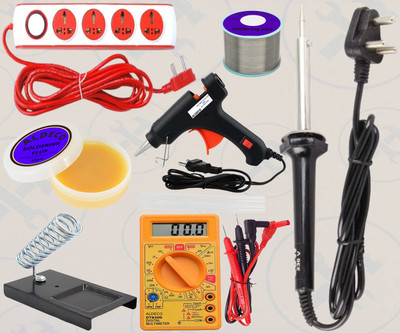 Aldeco 9in1 Soldering Iron Kit with 4 Socket Extension Board & Other Helping Tools 60 W Simple(Flat Tip)