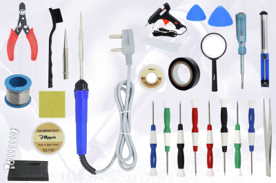 Hillgrove Electronic 26in1 Mobile Repairng Soldering and Desoldering Equipment Tool Machine Glue Gun Combo Kit Set with Flux Paste and Wire 25 W Simple(Flat, Pointed Tip)