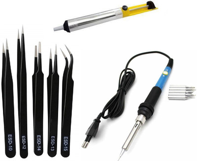 Inditrust 5Pcs Tweezers Set, Soldering Iron With Bits & 1pc Desoldering Pump (pack of 3) 60 W Temperature Controlled(Round Tip)