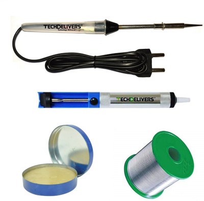 TECHDELIVERS 15w Soldering Iron Kit | Desoldering Pump | Soldering Wire Reel | Flux Paste 15 W Simple(Pointed Tip)