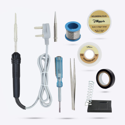 Hillgrove HGSOI10M1 9in1 Beginners Complete 30W Soldering Iron Kit with Solder Wire 25 W Simple(Pointed, Flat Tip)