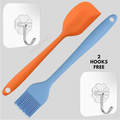 HICHAKI 27CM Silicon Spatula & Basting Brush Set- Orange & Blue with 2Self-Adhesive Hook Non-Stick Spatula(Pack of 4)