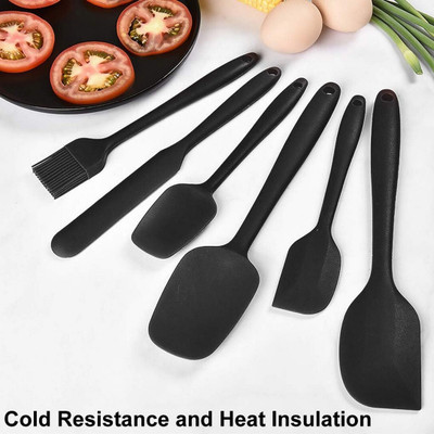 PBKN 6 Pc Silicone Jar Spatula Spoon Chamach for Chhena Gaja Cooking Kitchen Tool Set(Black, Spatula, Brush, Baking Tools)
