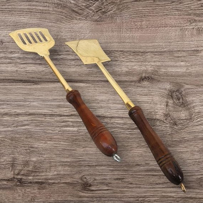 PTAL NAGARI Brass Lead Free Skimmer Turner & Curve Turner (Palta) with Wooden Handle Mixing Spatula(Pack of 2)