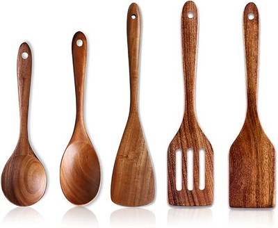BAKSHEXPORT 5 Pcs Best Wooden Spoons for Cooking Kitchen Utensils Set Non Stick Mixing Spoon Non-Stick Spatula(Pack of 4)