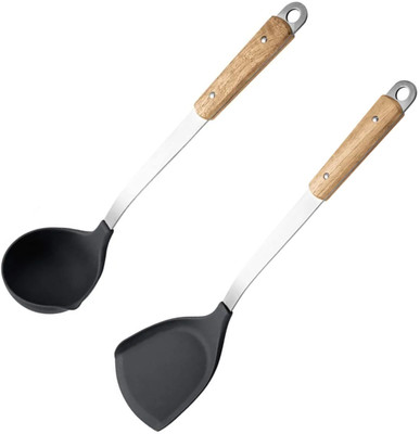 UniKart Set of 2 Flexible Silicone Stainless Steel Ladle & Spatula Wooden Handle & Hook Non-Stick Spatula(Pack of 2)