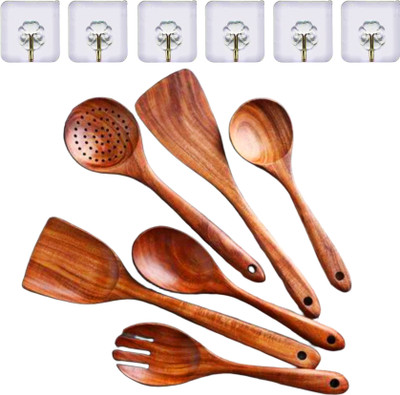 S R Traders TEAK Wood Spatula With 6 Self Adhesive Wall Hook Non-Stick Spatula(Pack of 6)