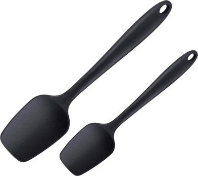 Baskety Silicone Non-Stick Heat Resistant Kitchen Utensil| Spatula Spoon Big 27cm+Spatula Spoon Small 20.6cm| BLACK Set of 2 Spoon Non-Stick Spatula(Pack of 2)