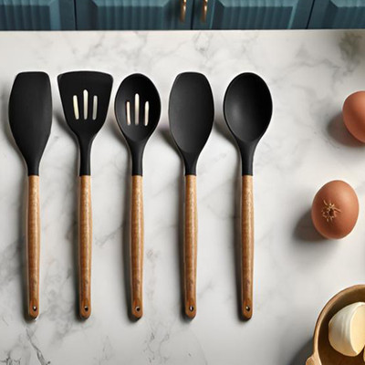 ZILLTOYIN Non Stick Spoon, Ladle, Durable Spatula Kitchen Cookware Set with Wooden Handles Mixing Spatula(Pack of 5)