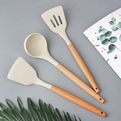 ESLORA Spatula Set For Non Stick Pan,Silicone Spatula Set For Kitchen Tools Wooden Spatula(Pack of 3)