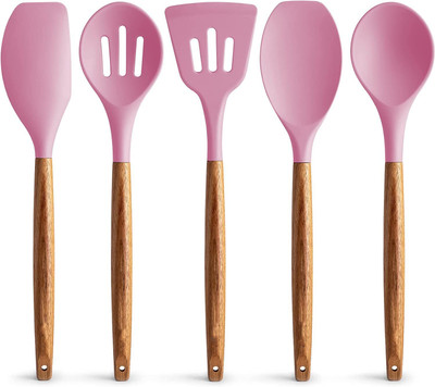 ESLORA Color Utensils Set Non-Stick Silicone Cooking Set with Wood Handles Non-Stick Non-Stick Spatula(Pack of 5)