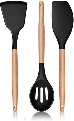 Besillia Silicone with Wood Handle, Non-Stick /Scaper/Slotted Spoon(Black) Wooden Spatula(Pack of 3)
