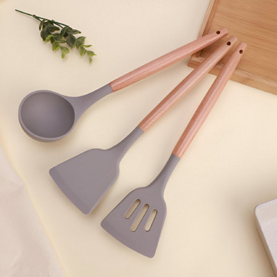 PBKN Non Stick Silicone Utensils | Ladle, Spatula, Turner | Wooden Handle | Set of 3 Kitchen Tool Set(Grey, Ladle, Spatula)