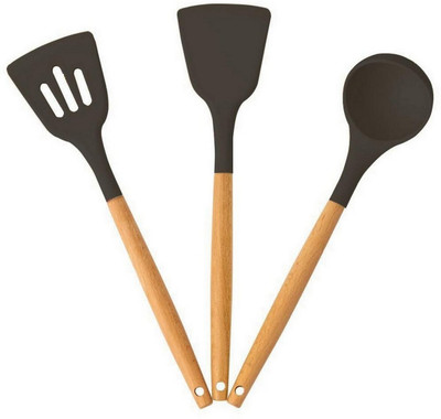 Tensha Wooden Handle Cooking Tools | Silicone Utensils | Indian Kitchen Use | 3 Pc Set Non-Stick Spatula(Pack of 3)
