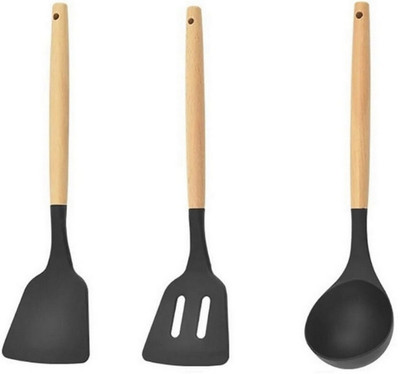 NARV Non Scratch Silicone Cooking Tools | 3 Pc Kit | Wood Handle | Ladle Spatula Non-Stick Spatula(Pack of 3)
