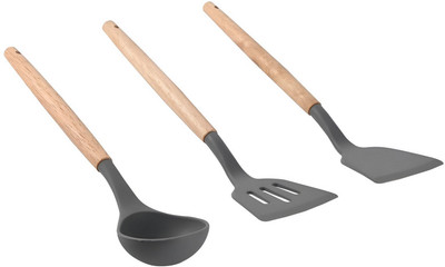 NARV Wooden Handle Silicone Utensils | 3 Pc Set | Spatula, Ladle, Slotted Turner Non-Stick Spatula(Pack of 3)